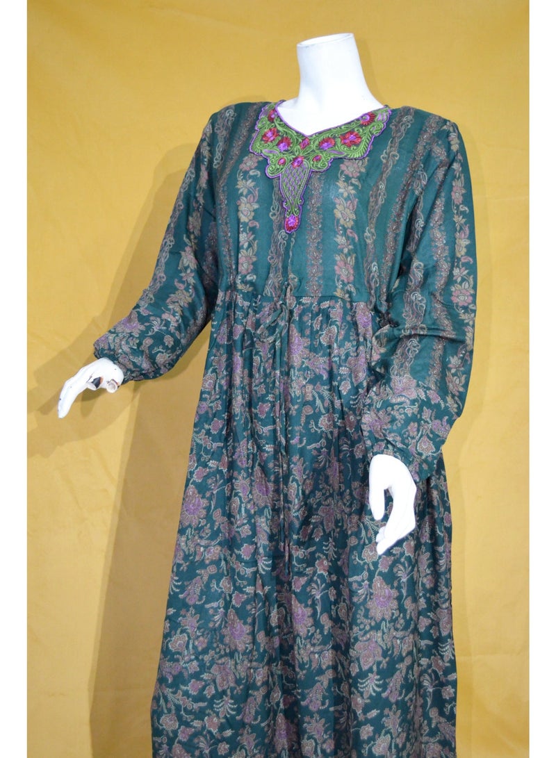 Zainah Modest Printed Maxi Dress for Women - Adjustable Drawstring Waist Viscose Blend Caftan - Long Sleeve Embroidery - Image 4