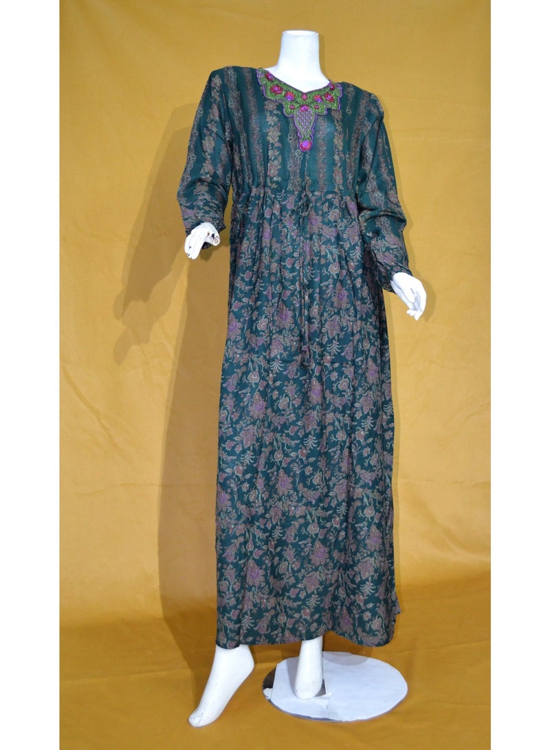 Zainah Modest Printed Maxi Dress for Women - Adjustable Drawstring Waist Viscose Blend Caftan - Long Sleeve Embroidery - Image 1