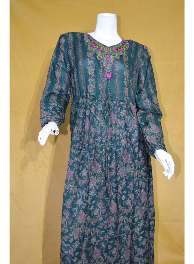 Zainah Modest Printed Maxi Dress for Women - Adjustable Drawstring Waist Viscose Blend Caftan - Long Sleeve Embroidery - Image 5