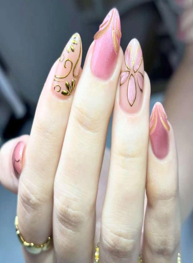 KZBTRBT 30Pcs Pink Flower Press on Nails - Medium Almond Fake Nails Gold Flowers Vines Design False Nails Chrome Gold Acrylic Nail Pink Glitter Full Cover Gilded Line Floral Artificial Stick on Nail for Women - Image 1