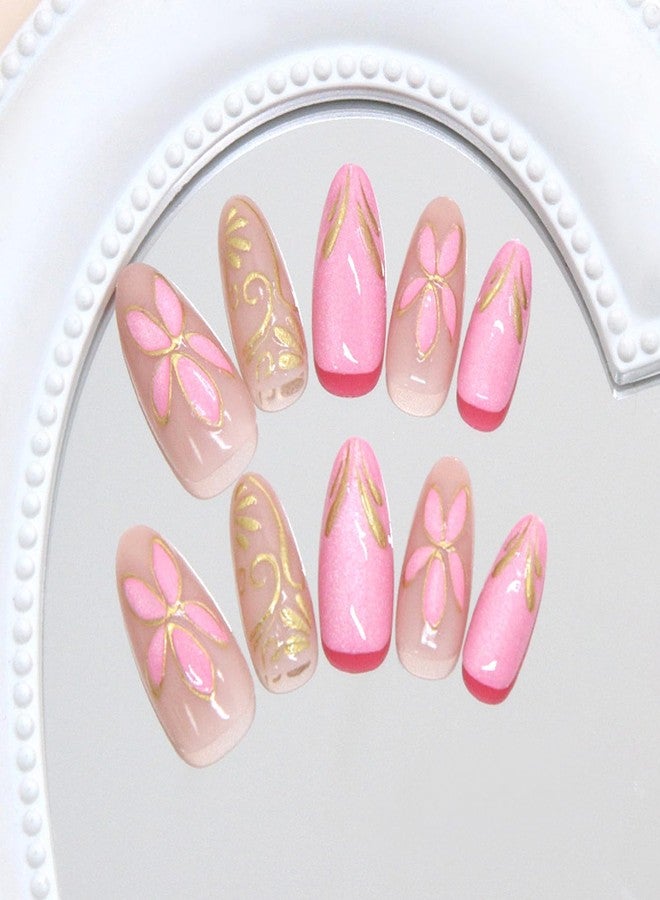 KZBTRBT 30Pcs Pink Flower Press on Nails - Medium Almond Fake Nails Gold Flowers Vines Design False Nails Chrome Gold Acrylic Nail Pink Glitter Full Cover Gilded Line Floral Artificial Stick on Nail for Women - Image 3