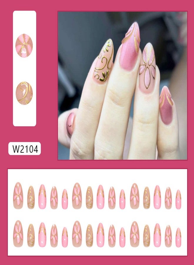 KZBTRBT 30Pcs Pink Flower Press on Nails - Medium Almond Fake Nails Gold Flowers Vines Design False Nails Chrome Gold Acrylic Nail Pink Glitter Full Cover Gilded Line Floral Artificial Stick on Nail for Women - Image 2