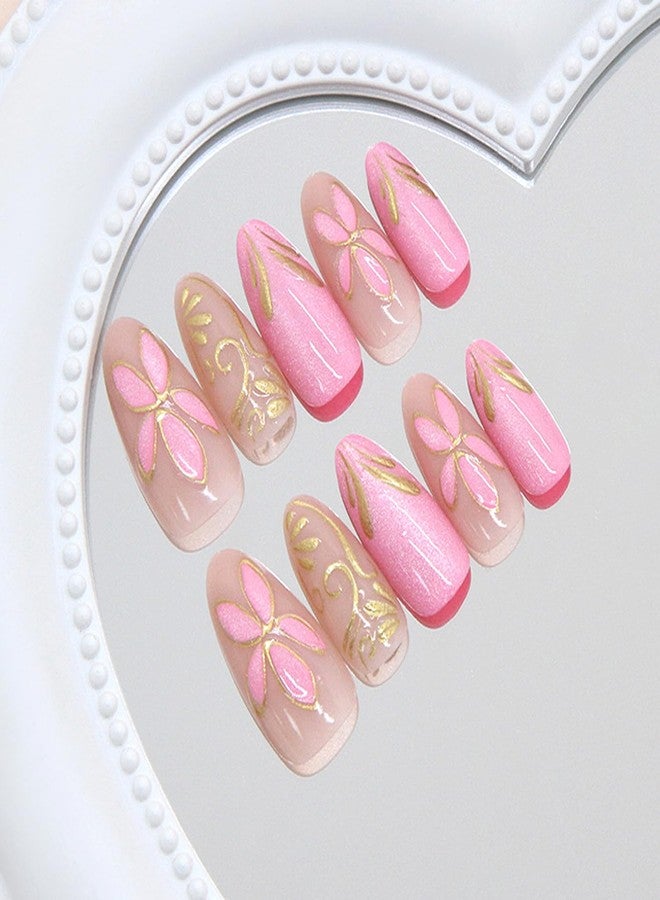 KZBTRBT 30Pcs Pink Flower Press on Nails - Medium Almond Fake Nails Gold Flowers Vines Design False Nails Chrome Gold Acrylic Nail Pink Glitter Full Cover Gilded Line Floral Artificial Stick on Nail for Women - Image 4