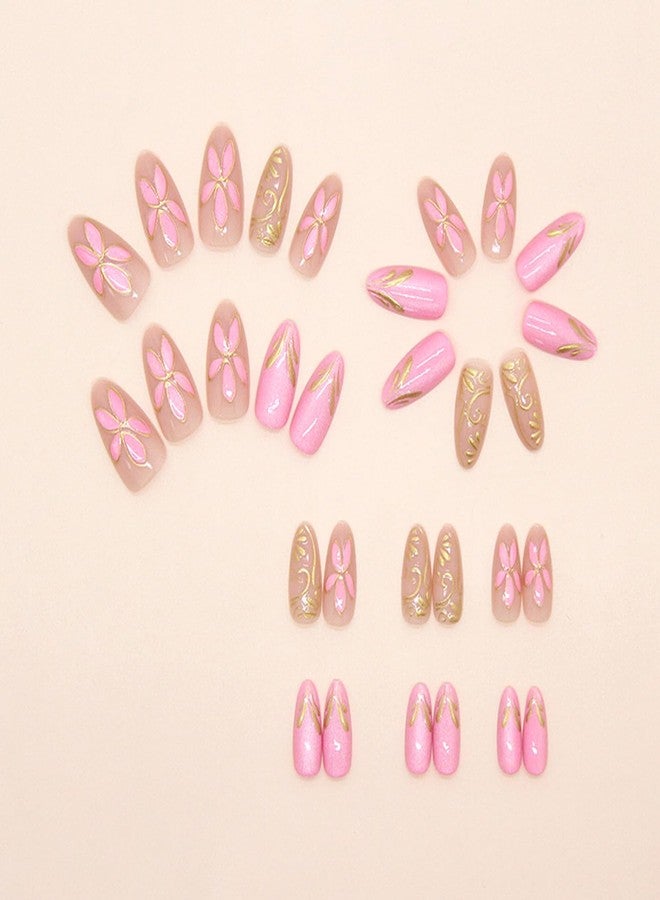 KZBTRBT 30Pcs Pink Flower Press on Nails - Medium Almond Fake Nails Gold Flowers Vines Design False Nails Chrome Gold Acrylic Nail Pink Glitter Full Cover Gilded Line Floral Artificial Stick on Nail for Women - Image 5