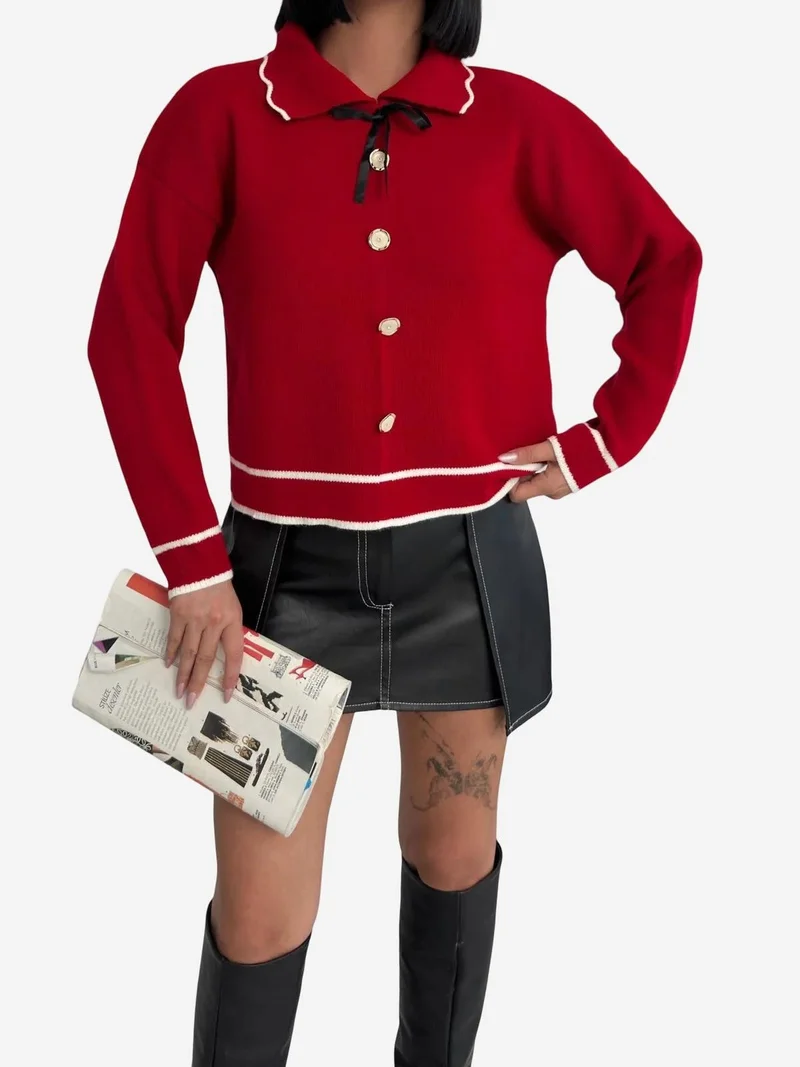 My Fashion Red MY FASHION Textured Polo Neck Knit Sweater with Ribbon Detail for Women | Best Price UAE