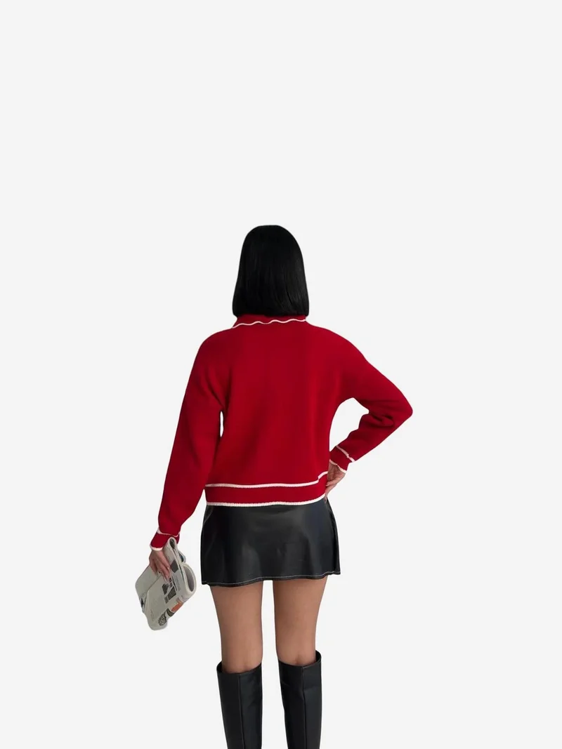 My Fashion Red MY FASHION Textured Polo Neck Knit Sweater with Ribbon Detail for Women | Best Price UAE