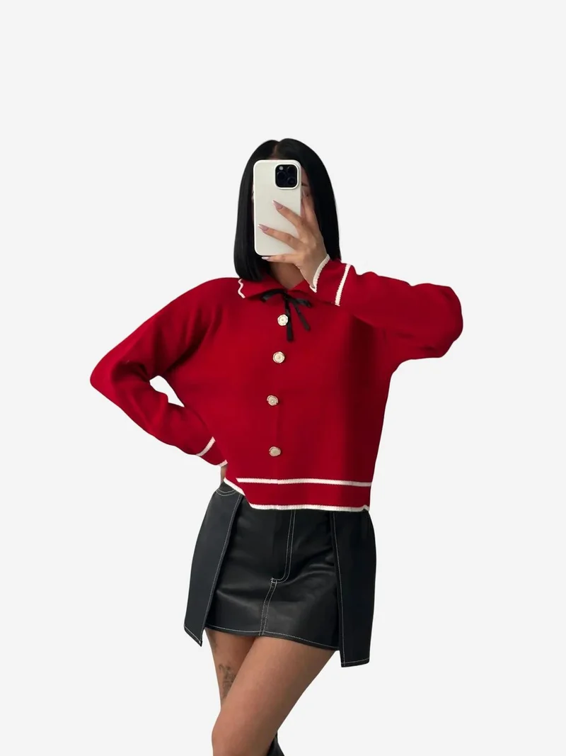 My Fashion Red MY FASHION Textured Polo Neck Knit Sweater with Ribbon Detail for Women | Best Price UAE