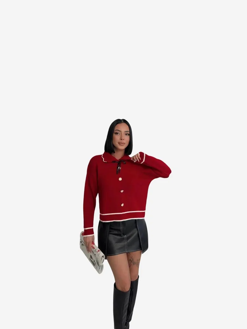 MY FASHION Textured Polo Neck Knit Sweater with Ribbon Detail