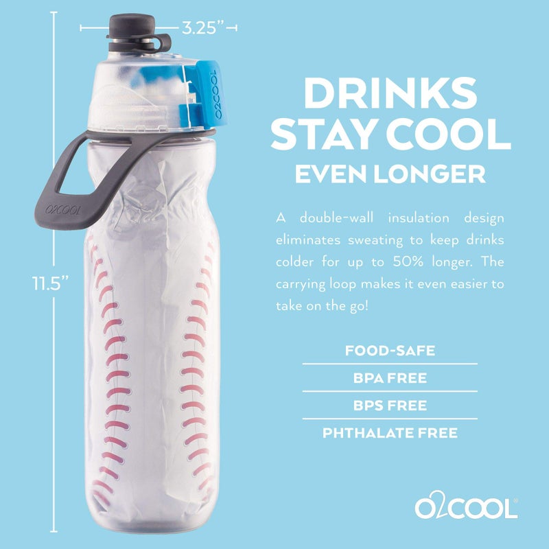 O2COOL Mist 'N Sip Misting Water Bottle 2-in-1 Function With No Leak Pull Top Spout Sports Reusable Water Bottle - 20 oz (2 Pack Baseball) - Image 3