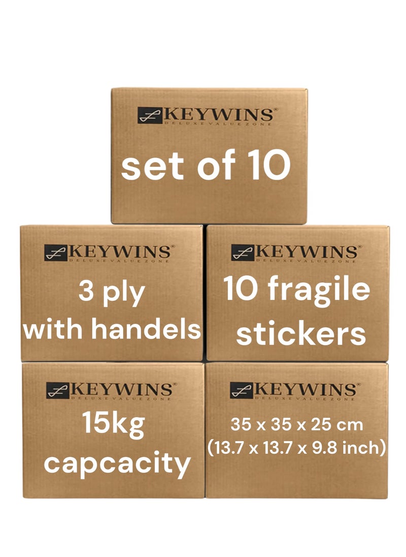 كي وينز - Keywins®  10 صناديق تخزين ثلاث طبقات مع مقابض -مقاس صندوق من الورق المقوى للتنقل والتعبئة والشحن والأرشيف - عبوة من 10 قطع مع 10 قطع (العناية بالملصق) 100٪ قابلة لإعادة التدوير - H35 x W35 x D25cm- - Image 1