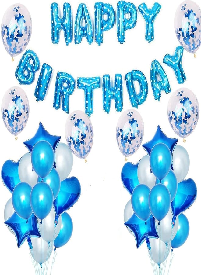 Secret Blue Birthday Party Decoration for Man Boys, Blue Happy Birthday Banner Balloon Confetti Balloon Heart Star Foil Balloon for Kid Man Birthday Supplies