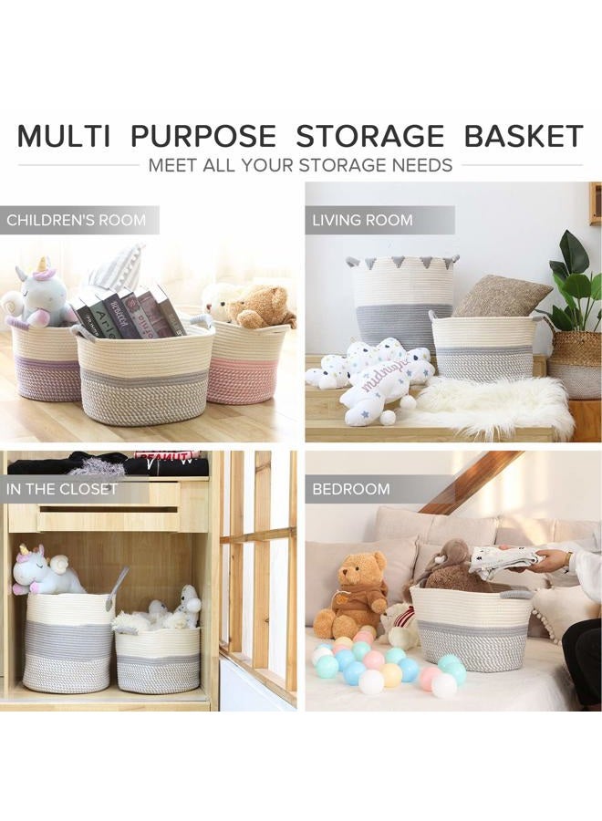 Hinwo Oval Cotton Rope Storage Basket Collapsible Nursery Storage Box Container Organizer with Handles, 13 x 10 inches, Off White and Grey - Image 2