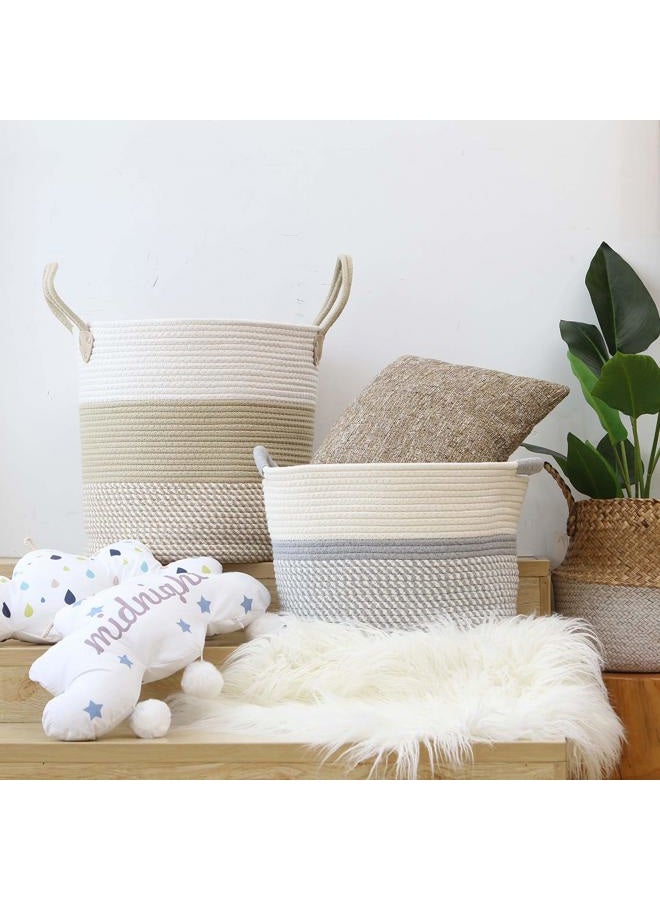 Hinwo Oval Cotton Rope Storage Basket Collapsible Nursery Storage Box Container Organizer with Handles, 13 x 10 inches, Off White and Grey - Image 5