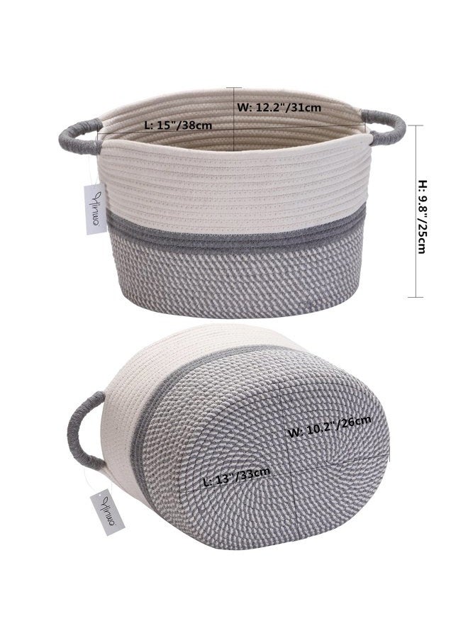 Hinwo Oval Cotton Rope Storage Basket Collapsible Nursery Storage Box Container Organizer with Handles, 13 x 10 inches, Off White and Grey - Image 3