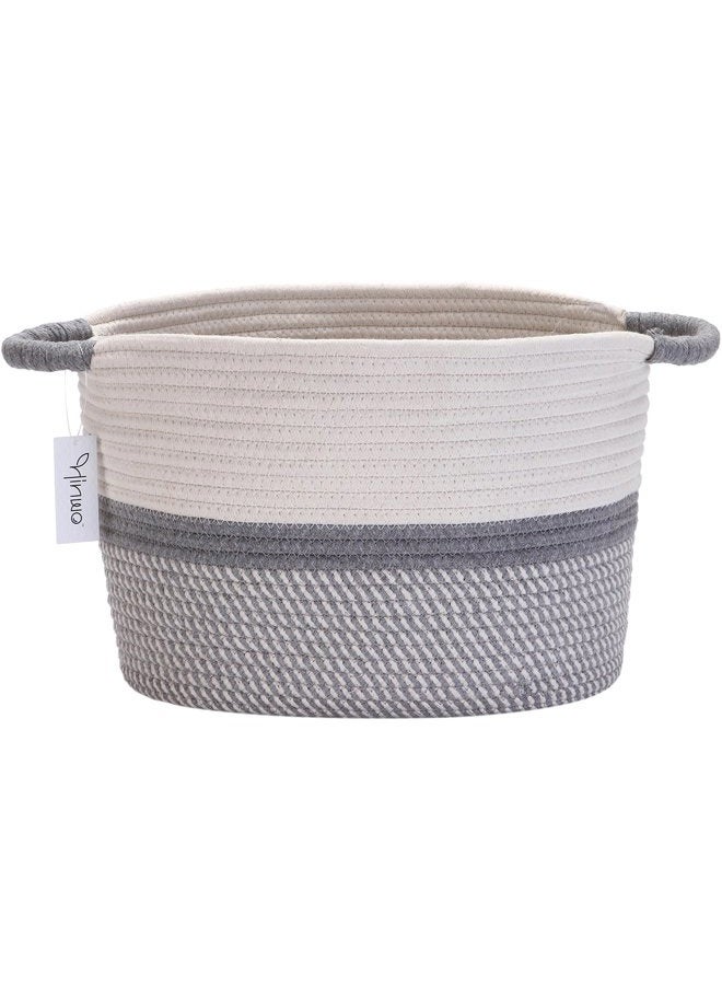 Hinwo Oval Cotton Rope Storage Basket Collapsible Nursery Storage Box Container Organizer with Handles, 13 x 10 inches, Off White and Grey - Image 1