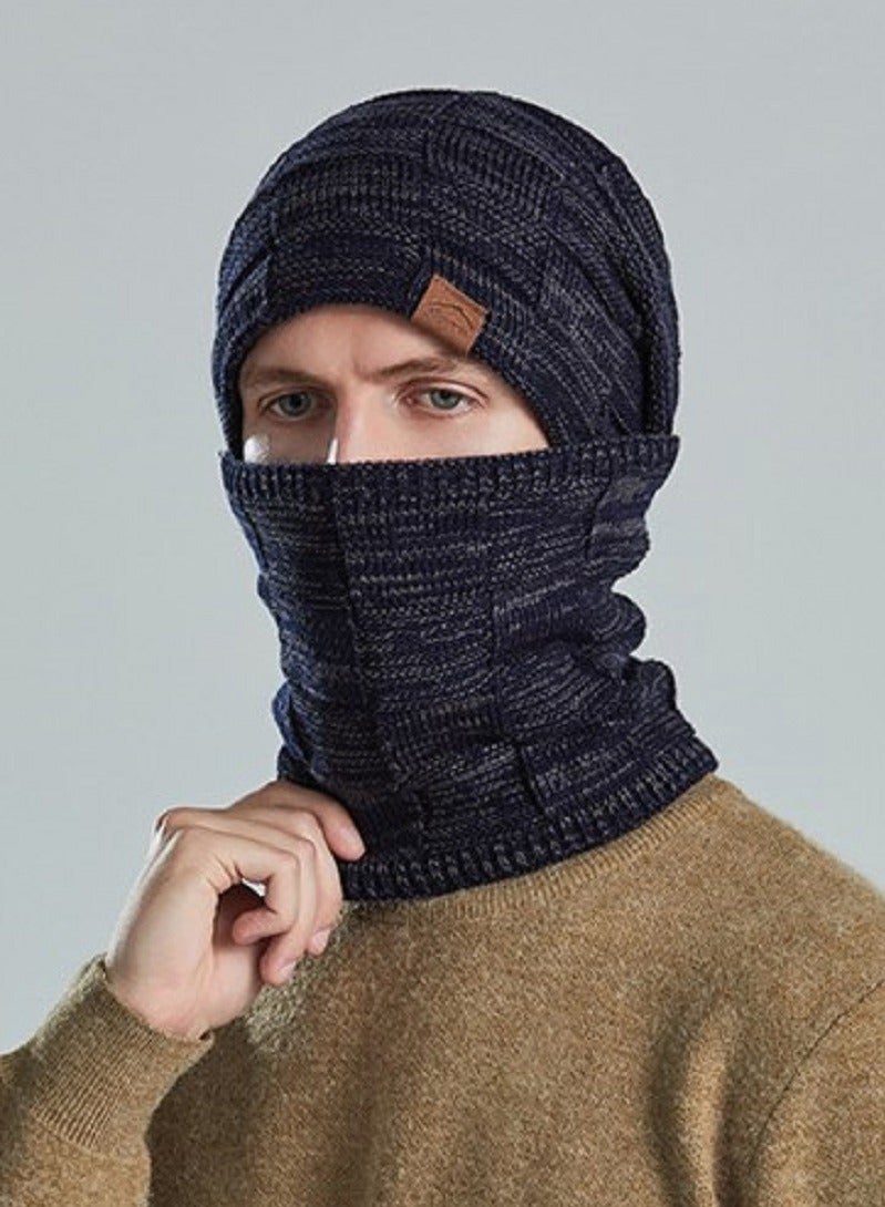 Joychic طقم قبعات شتوية للنساء والرجال مكون من 2 قطعة مع وشاح دافئ وقبعات محبوكة وقبعة جمجمة وغطاء رقبة مبطن بالفليس السميك لشتاء الرياضات الخارجية باللون الأزرق البحري - Image 2