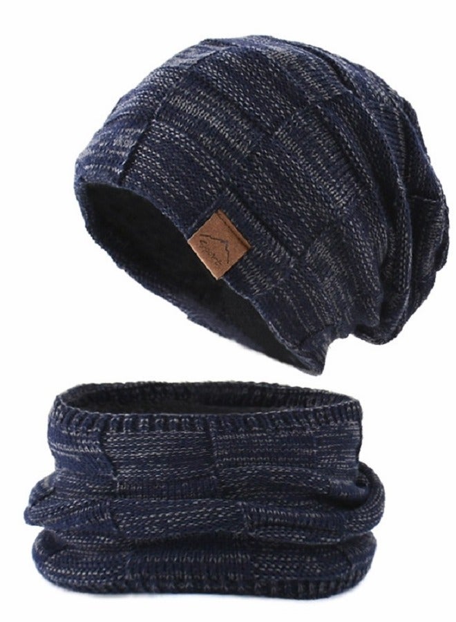 Joychic طقم قبعات شتوية للنساء والرجال مكون من 2 قطعة مع وشاح دافئ وقبعات محبوكة وقبعة جمجمة وغطاء رقبة مبطن بالفليس السميك لشتاء الرياضات الخارجية باللون الأزرق البحري - Image 4