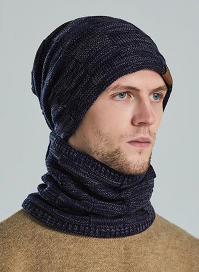 Joychic طقم قبعات شتوية للنساء والرجال مكون من 2 قطعة مع وشاح دافئ وقبعات محبوكة وقبعة جمجمة وغطاء رقبة مبطن بالفليس السميك لشتاء الرياضات الخارجية باللون الأزرق البحري - Image 3