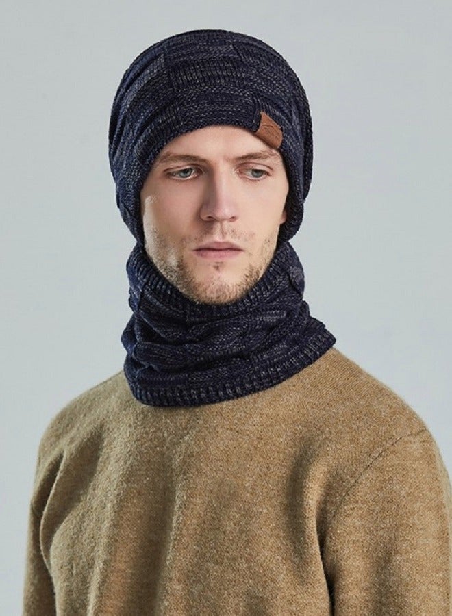 Joychic طقم قبعات شتوية للنساء والرجال مكون من 2 قطعة مع وشاح دافئ وقبعات محبوكة وقبعة جمجمة وغطاء رقبة مبطن بالفليس السميك لشتاء الرياضات الخارجية باللون الأزرق البحري - Image 1