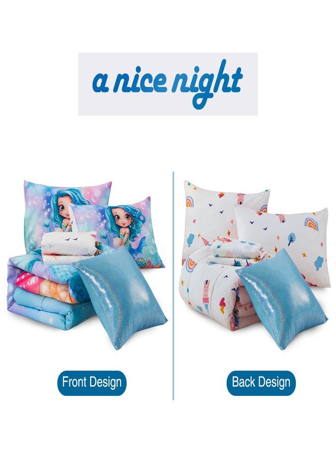 A Nice Night طقم لحاف حورية البحر "ليلة سعيدة" كامل مكون من 6 قطع، مناسب للفتيات، مصنوع من البوليستر الناعم، يتضمن ملاءات وأغطية وسائد، بتصميم أميرة. - Image 5