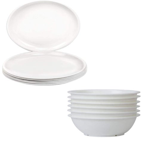 Everbuy® Microwave Safe & Unbreakable Plastic Round Full Plate & Bowl Set (Pack of 6 Plates & 6 Bowl Set.- 12 Pieces) - White Color (Made in India)