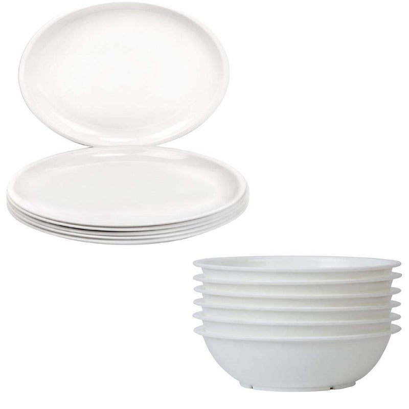 Everbuy® Microwave Safe & Unbreakable Plastic Round Full Plate & Bowl Set (Pack of 6 Plates & 6 Bowl Set.- 12 Pieces) - White Color (Made in India)