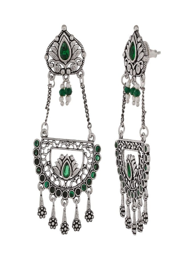Voylla Abharan Teardrop Cut Green Stones Drop Earrings - Image 4