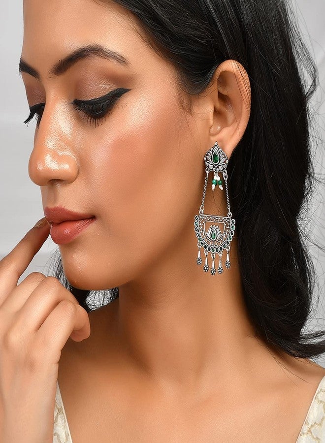 Voylla Abharan Teardrop Cut Green Stones Drop Earrings - Image 3
