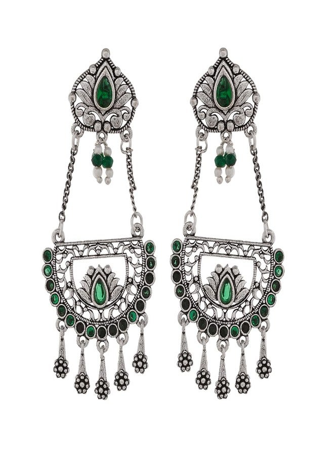 Voylla Abharan Teardrop Cut Green Stones Drop Earrings - Image 1