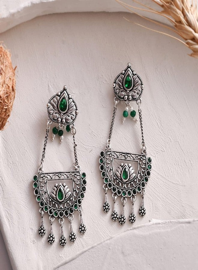 Voylla Abharan Teardrop Cut Green Stones Drop Earrings - Image 2