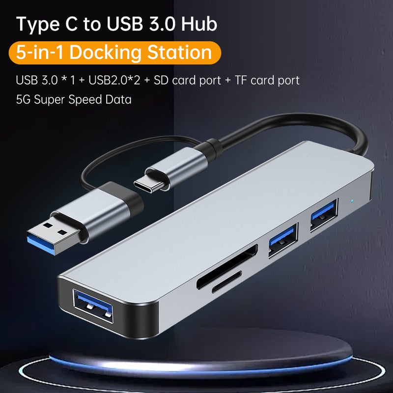Type C to USB 3.0 Hub 5-in-1 Docking Station with USB 3.0 Port USB2.0 Ports SD/TF Card Reader Ultra Slim USB Splitter Plug and Play Compatible with Laptop MacBook Pro/Air Surface Pro PS4 XPS PC Flash - Image 2