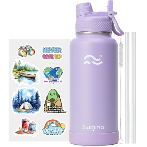 Swigina [2-IN-1 LID] Insulated Water Bottle with Silicone Boot (36hrs Cold/18hrs Hot) - DIY Stickers, Leakproof, BPA Free, 32 oz - Image 1