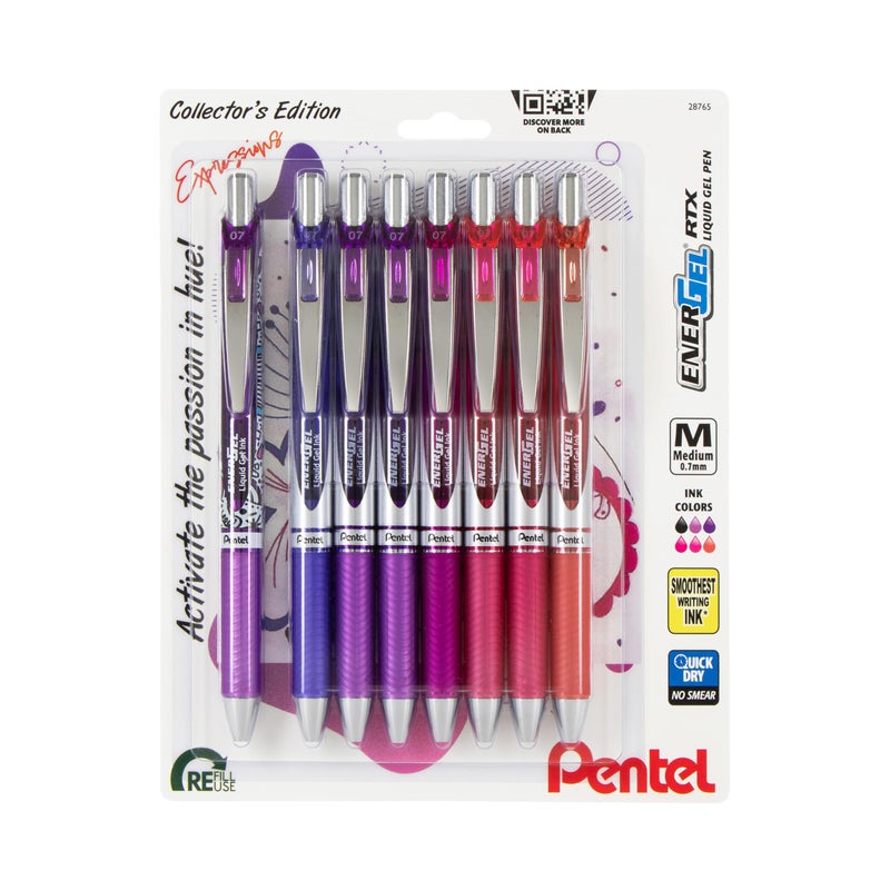 Pentel EnerGel RTX Retractable Liquid Gel Pen, Passion Expressions Pack, 0.7mm, Metal Tip, Medium Line, Assorted Ink, Pack of 8 Pens (BL77XPASBP8M) - Image 1