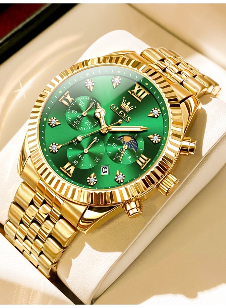 أوليفز ساعة OLEVS للرجال من الفولاذ المقاوم للصدأ كرونوغراف وجه كبير سهل القراءة ساعات كوارتز تناظرية فاخرة مقاومة للماء مضيئة بمينا ألماس ساعات معصم - Image 1