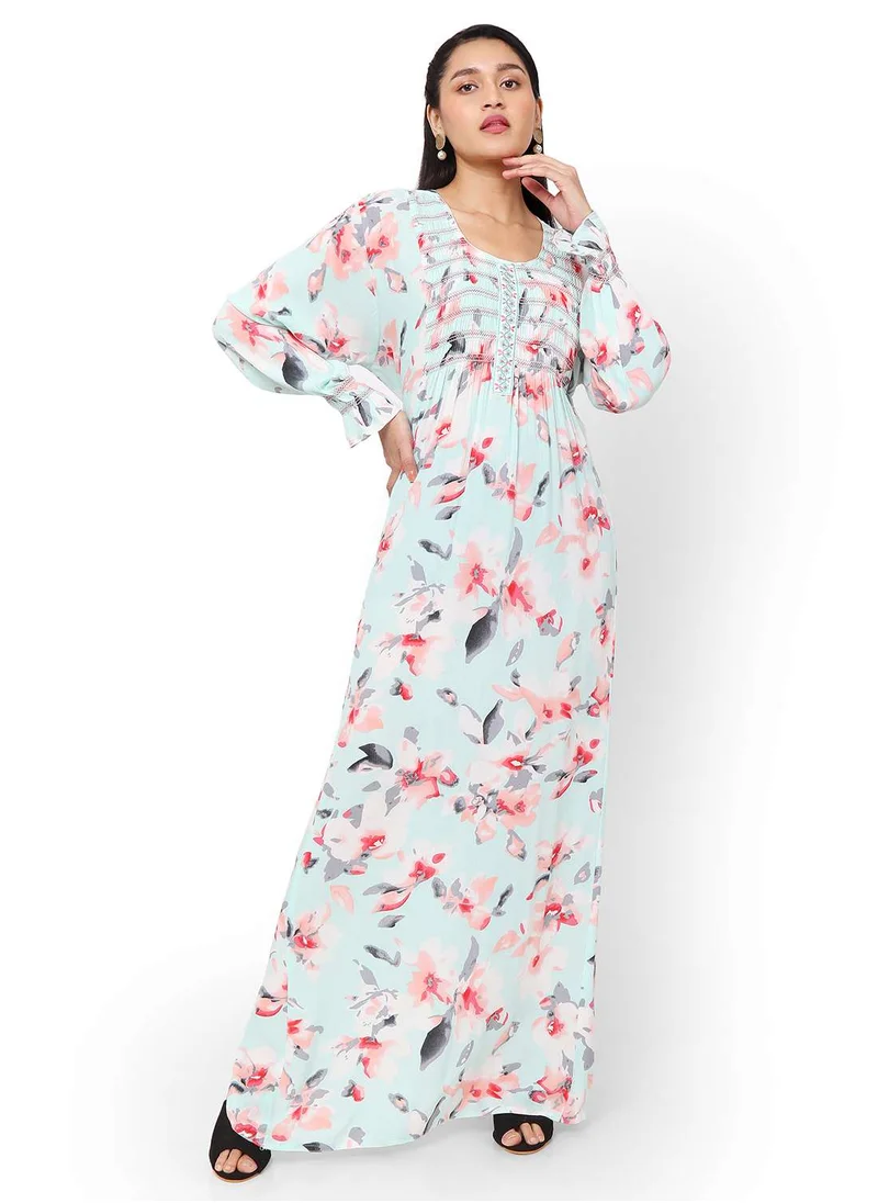 HANA & SARA FLORAL PRINTED FRONT LACE SKY BLUE COLOUR RAYON CRUSH FABRIC LONG ARABIC KAFTAN JALABIYA DRESS