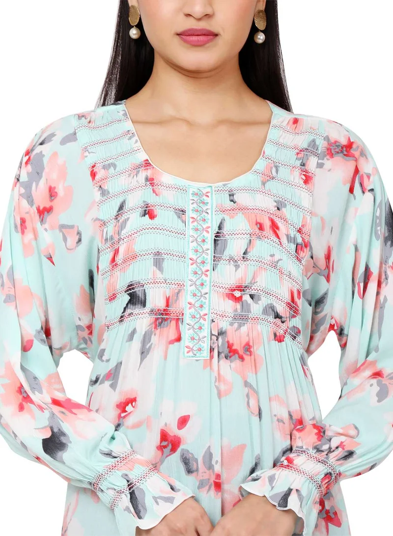 HANA & SARA FLORAL PRINTED FRONT LACE SKY BLUE COLOUR RAYON CRUSH FABRIC LONG ARABIC KAFTAN JALABIYA DRESS