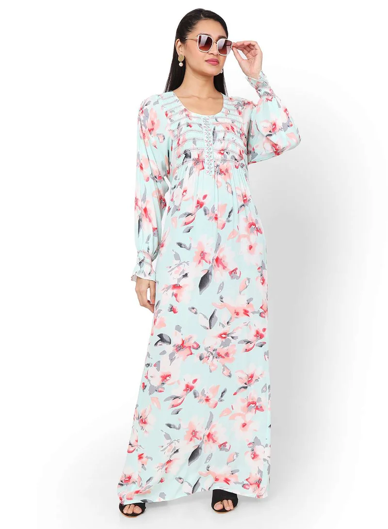 HANA & SARA FLORAL PRINTED FRONT LACE SKY BLUE COLOUR RAYON CRUSH FABRIC LONG ARABIC KAFTAN JALABIYA DRESS
