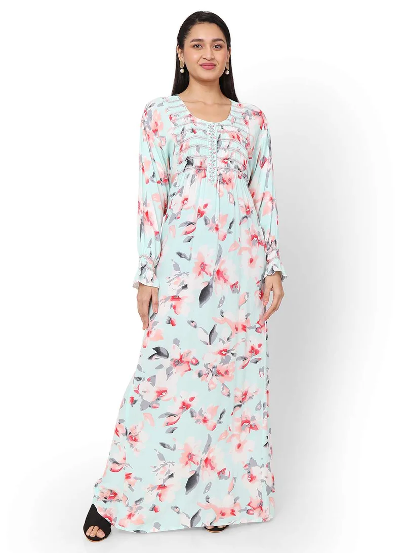 HANA & SARA FLORAL PRINTED FRONT LACE SKY BLUE COLOUR RAYON CRUSH FABRIC LONG ARABIC KAFTAN JALABIYA DRESS
