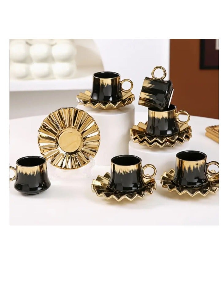 طقم 6 أكواب و6 أطباق، فنجان قهوة سيراميك فاخر، طقم فناجين قهوة سيراميك تركي عتيق، طقم فناجين شاي إسبريسو مع صحن، طقم هدايا فاخر - Image 2