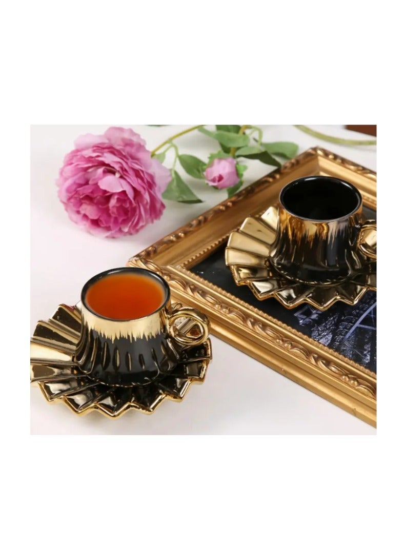 طقم 6 أكواب و6 أطباق، فنجان قهوة سيراميك فاخر، طقم فناجين قهوة سيراميك تركي عتيق، طقم فناجين شاي إسبريسو مع صحن، طقم هدايا فاخر - Image 3