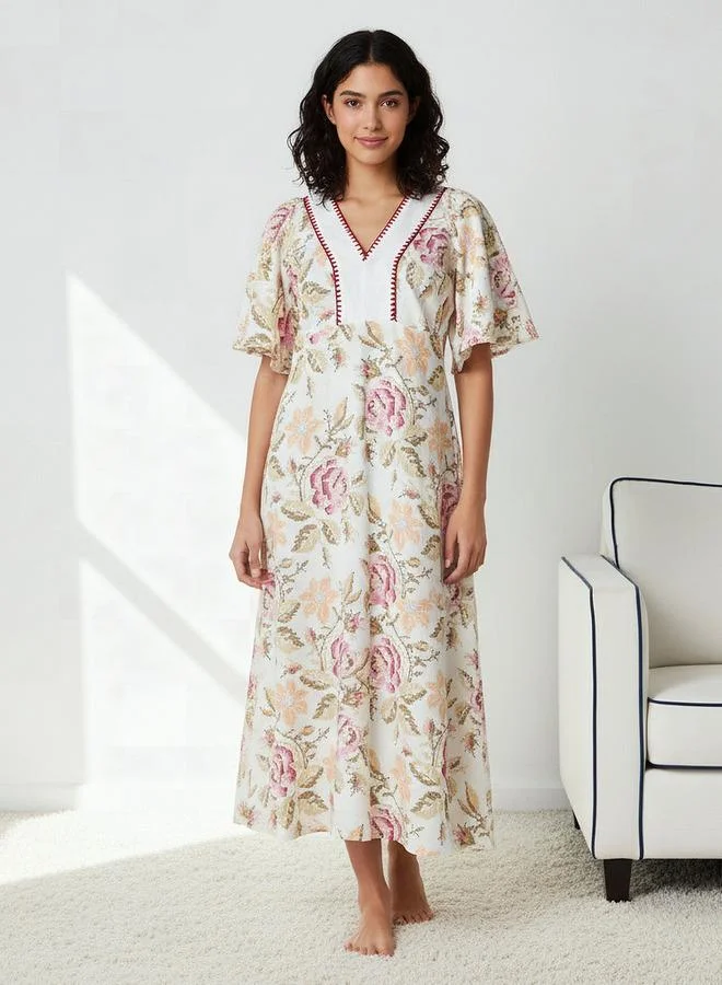 Splash FAV Night Gown with Flutter Sleeves Floral Print Cotton