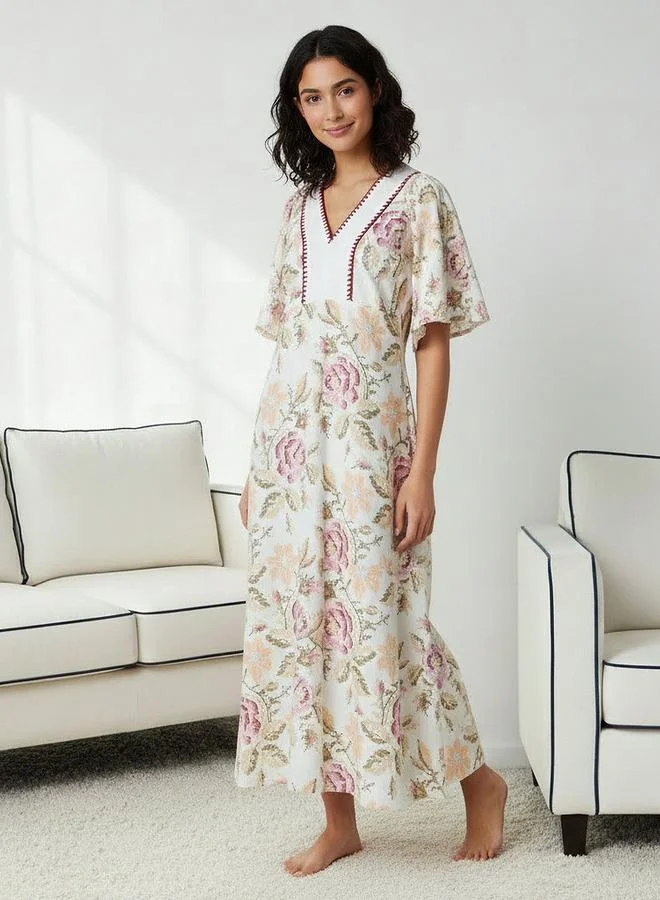 Splash FAV Night Gown with Flutter Sleeves Floral Print Cotton