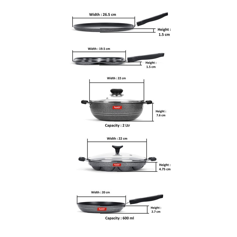 Sumeet NonStick Juodas Cookware Set(Dosa Tawa-26.5Cm Dia+Mini Multi Snack Maker-19.5cm+Kadhai with Glass Lid-22Cm Dia+Grill Appam Patra with Glass Lid-22cm Dia+Tapper pan-20Cm Dia) - Image 4