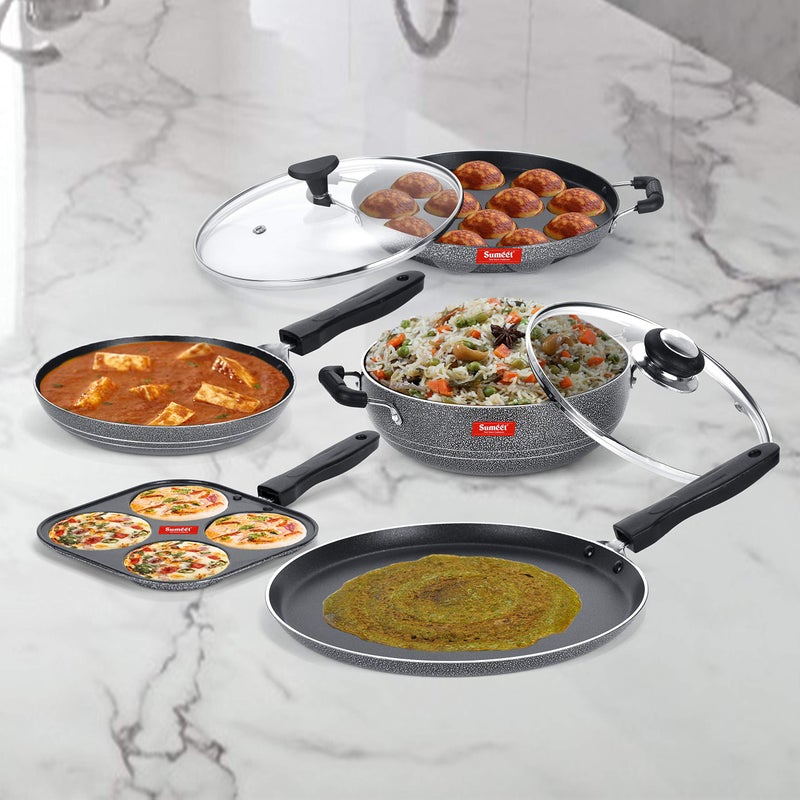 Sumeet NonStick Juodas Cookware Set(Dosa Tawa-26.5Cm Dia+Mini Multi Snack Maker-19.5cm+Kadhai with Glass Lid-22Cm Dia+Grill Appam Patra with Glass Lid-22cm Dia+Tapper pan-20Cm Dia) - Image 2