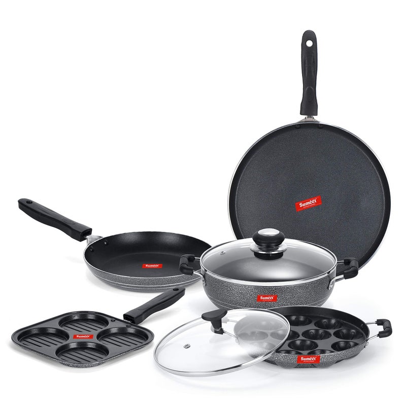 Sumeet NonStick Juodas Cookware Set(Dosa Tawa-26.5Cm Dia+Mini Multi Snack Maker-19.5cm+Kadhai with Glass Lid-22Cm Dia+Grill Appam Patra with Glass Lid-22cm Dia+Tapper pan-20Cm Dia) - Image 1