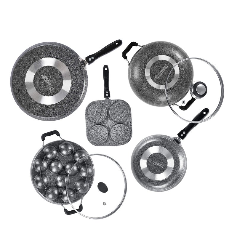 Sumeet NonStick Juodas Cookware Set(Dosa Tawa-26.5Cm Dia+Mini Multi Snack Maker-19.5cm+Kadhai with Glass Lid-22Cm Dia+Grill Appam Patra with Glass Lid-22cm Dia+Tapper pan-20Cm Dia) - Image 5