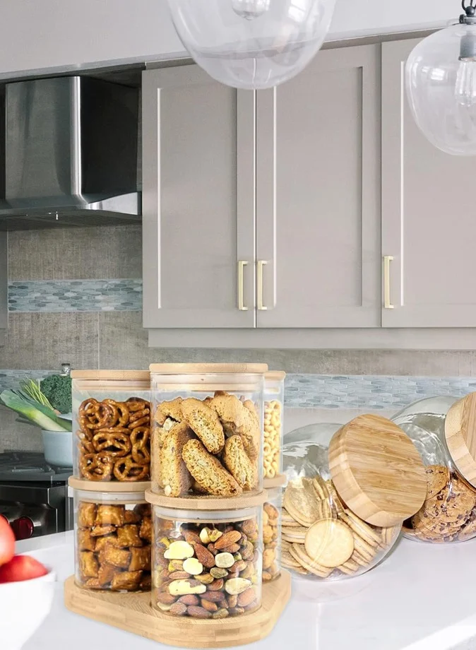 1Chase Borosilicate Glass Food Storage Jars with Bamboo Lids and Wooden Base Set of 6 of 16oz