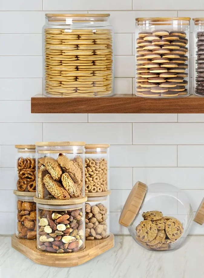 1Chase Borosilicate Glass Food Storage Jars with Bamboo Lids and Wooden Base Set of 6 of 16oz