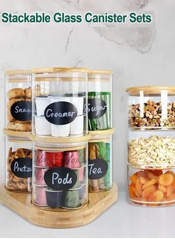 1Chase Borosilicate Glass Food Storage Jars with Bamboo Lids and Wooden Base Set of 6 of 16oz