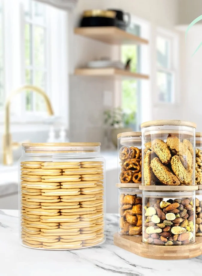 1Chase Borosilicate Glass Food Storage Jars with Bamboo Lids and Wooden Base Set of 6 of 16oz
